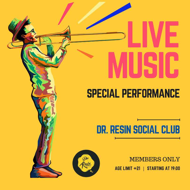 Poster of live music trombone performance in Dr. Resin social club